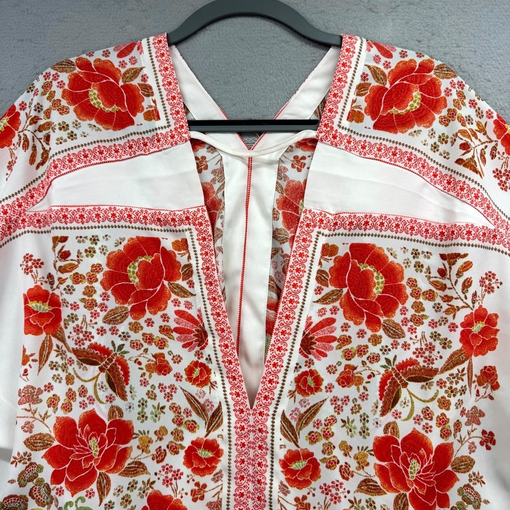 Rose & Olive Tunic Top Women's Medium White Floral Dolman Sleeve Double V-Neck - Picture 2 of 11